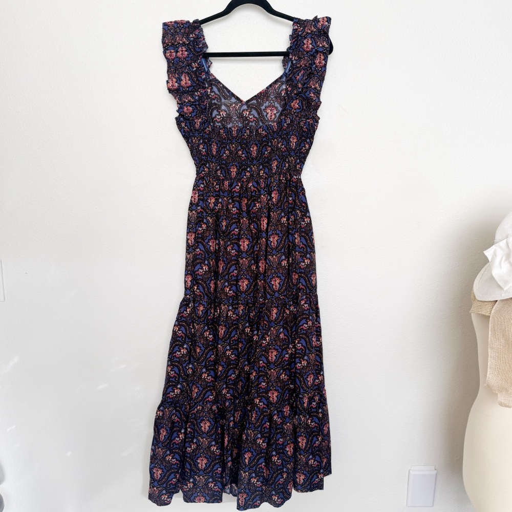 Caroline Constas Navy Pansy Print Smocked Sleeveless Maxi Dress Size XS NWOT - Picture 4 of 10